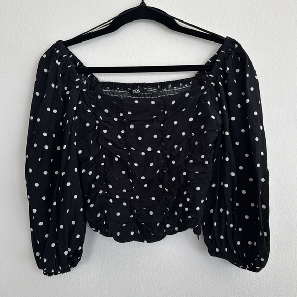 ZARA balloon sleeve black and white polka dot corset crop top size Small - Picture 1 of 14